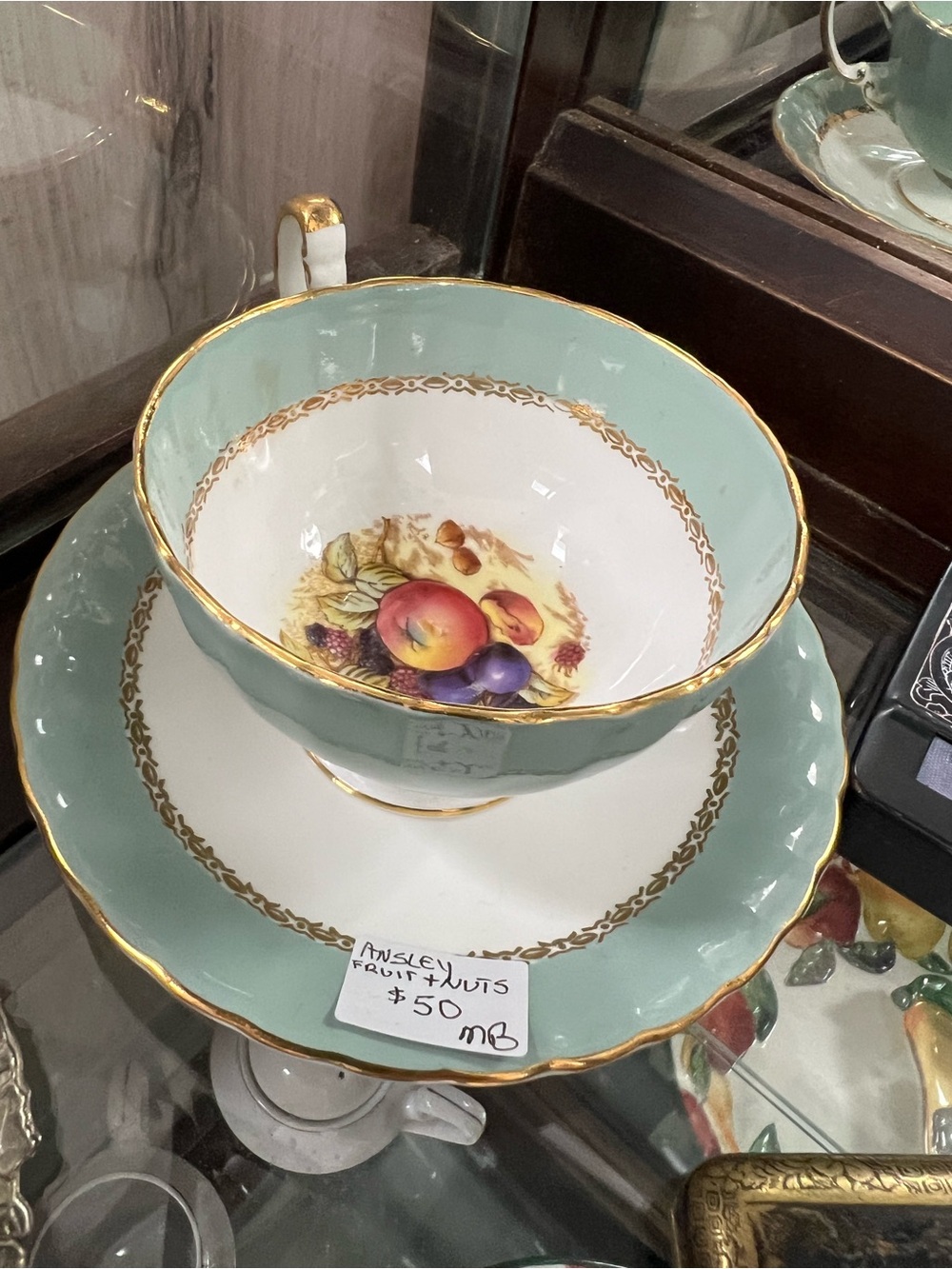 Green and Gold Fruit Motif Teacup & Saucer